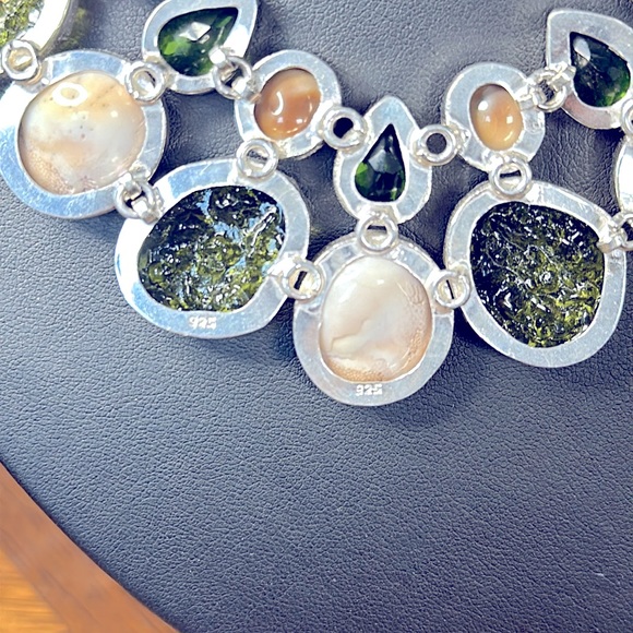 Moldavite, Peridot And Fossil Shell Sterling Silver Statement Necklace - Picture 5 of 6